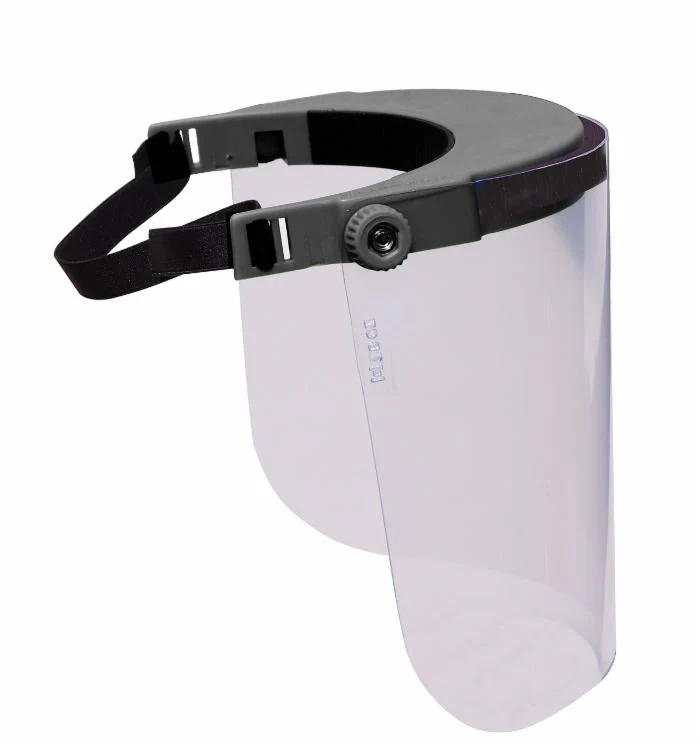 Visiera nera regolabile in policarbonato trasparente angolo di 180° peso 130g conforme alle norme riutilizzabile e sanificabile